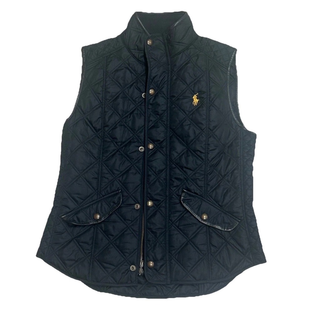 Polo Ralph Lauren Black Quilted Vest Gold Pony Logo Equestrian Style Womens M